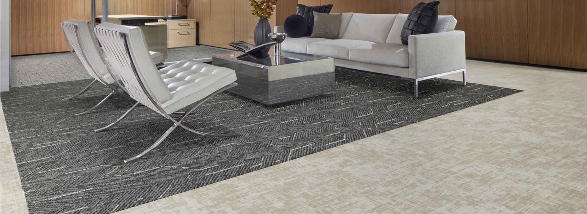 Interface Angular Times and Simple Does It carpet tile with Heirloom LVT in workplace lobby